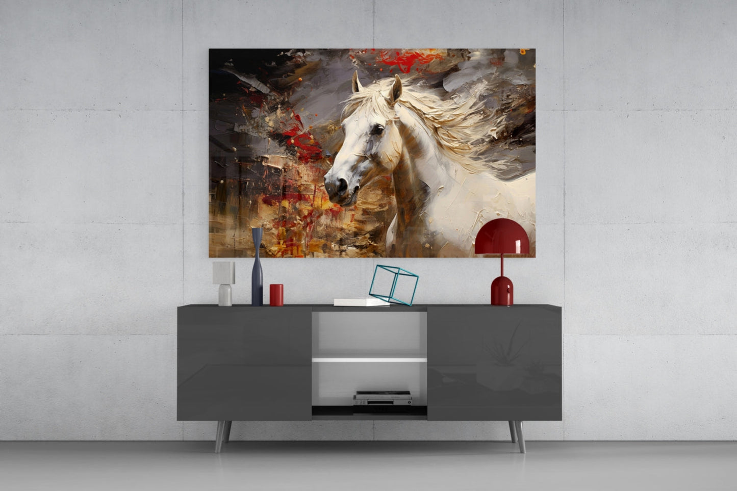 White Horse Red Splatter Glass Wall Art