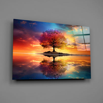Rainbow Sky Mirror Lake Tree Of Life Glass Wall Art