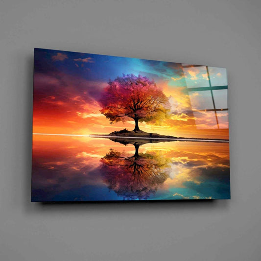 Rainbow Sky Mirror Lake Tree Of Life Glass Wall Art