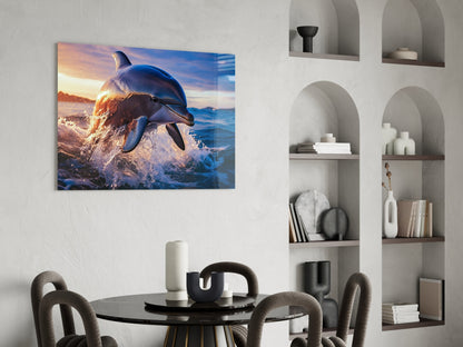 Smiling Dolphin Blue Splash Glass Wall Art