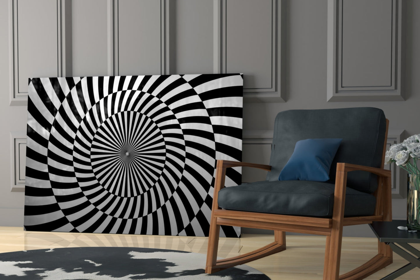 Black and White Optical Spiral Art Glass Wall Art