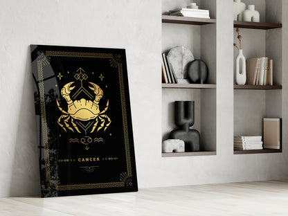 Gold Crab Zodiac Card on Black Glass Wall Art