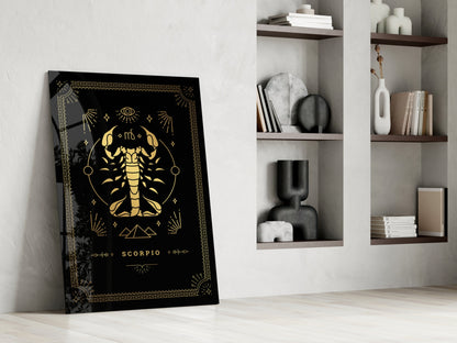Gold Scorpion Zodiac Card on Black Glass Wall Art