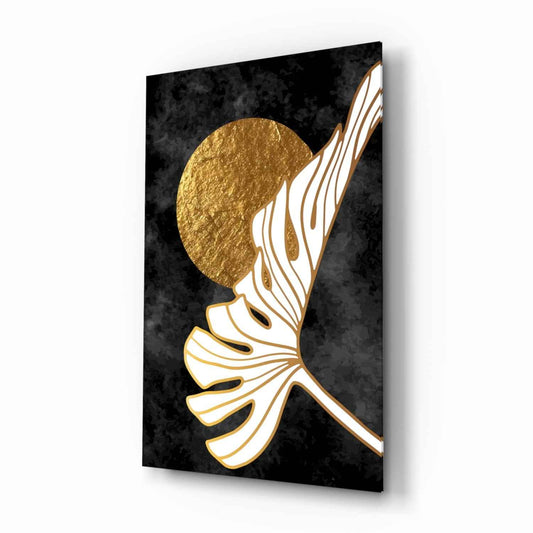 Gold Moon With Sweeping Palm Leaf Art Glass Wall Art