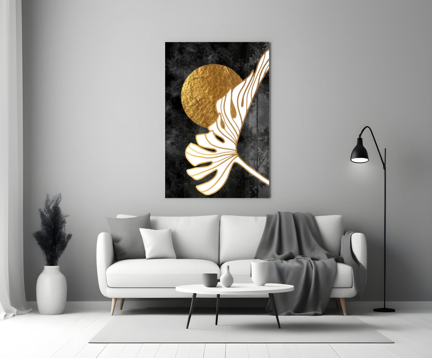 Gold Moon With Sweeping Palm Leaf Art Glass Wall Art