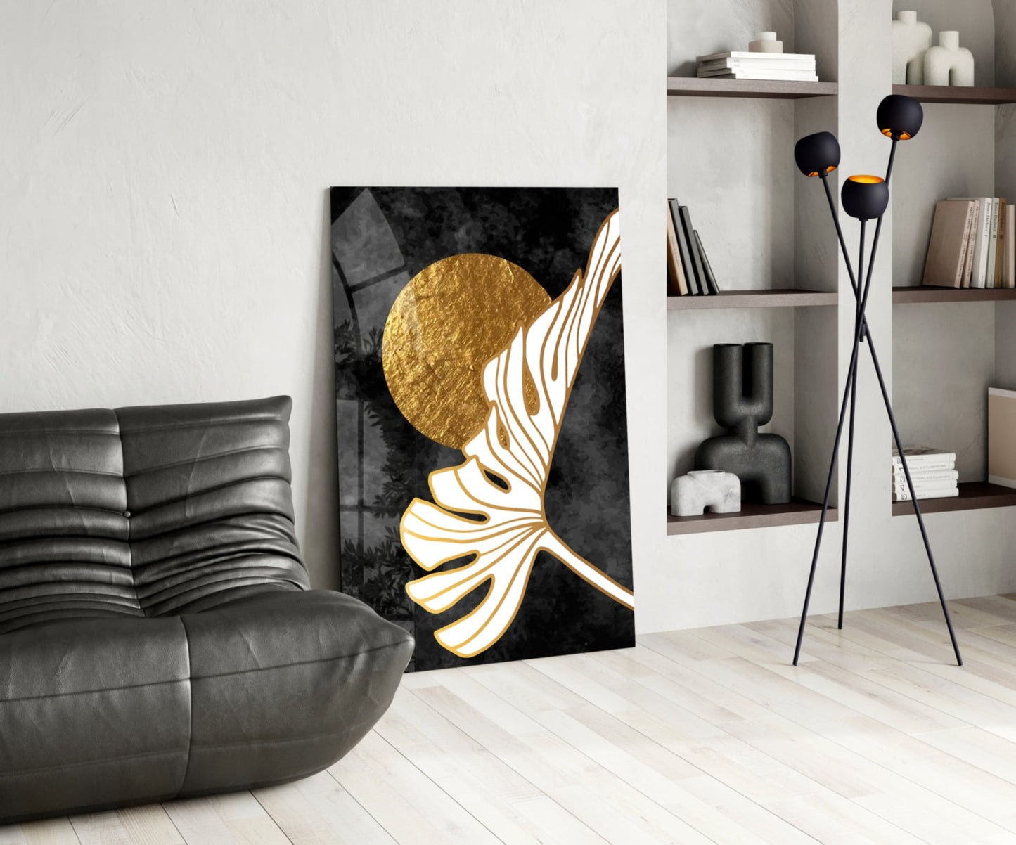 Gold Moon With Sweeping Palm Leaf Art Glass Wall Art