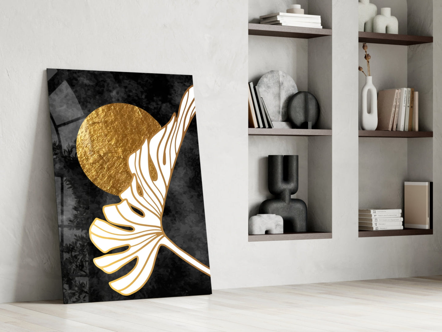 Gold Moon With Sweeping Palm Leaf Art Glass Wall Art