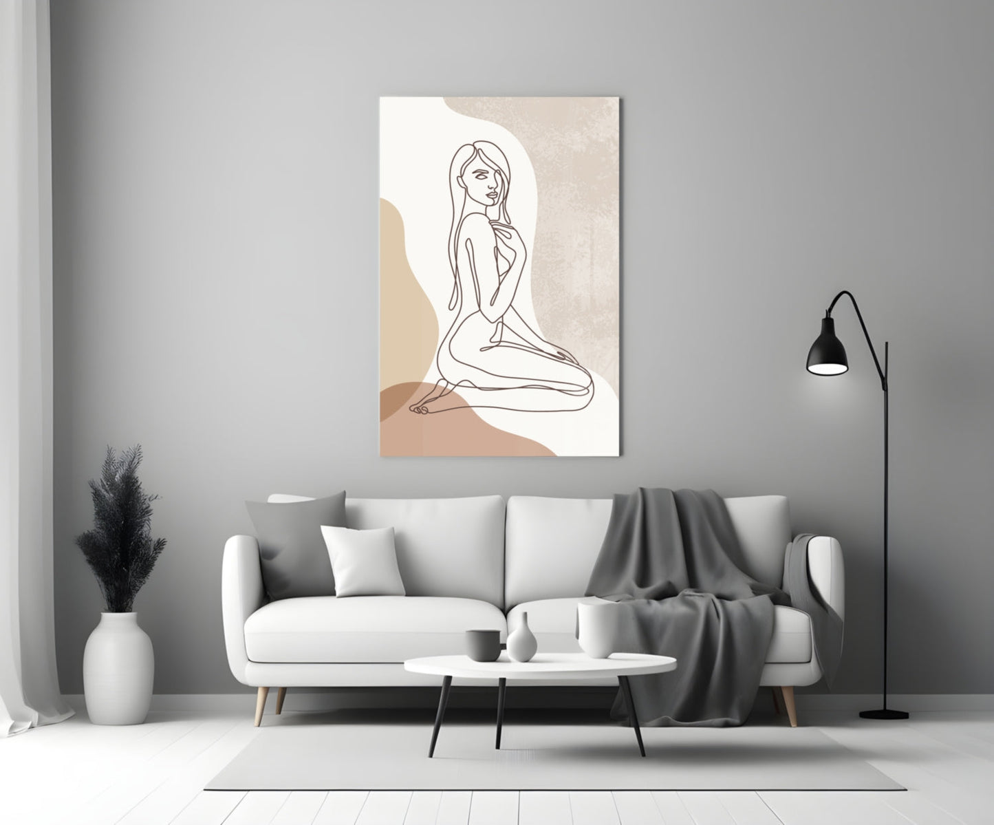 Kneeling Nude Woman Line Art Glass Wall Art