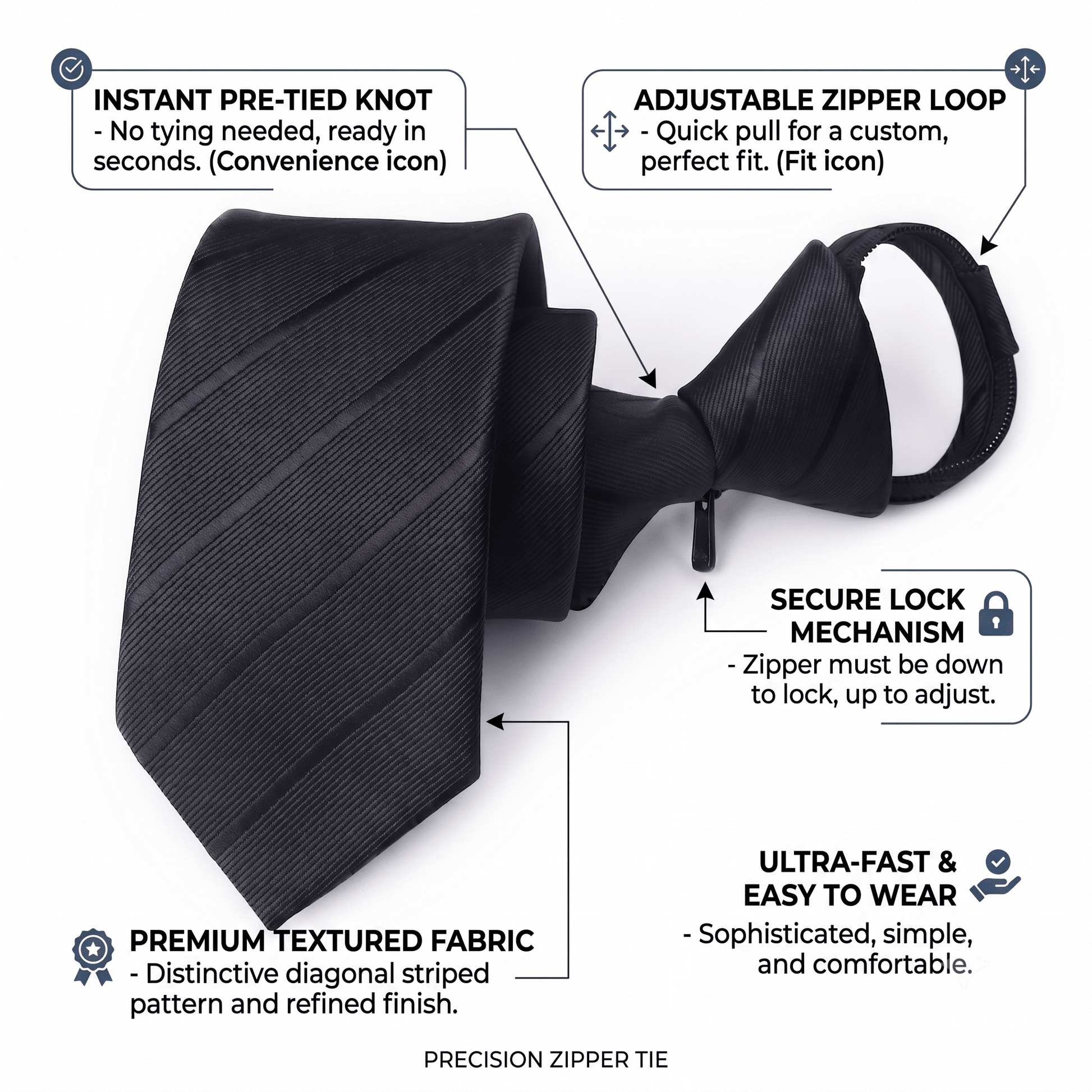 Zipper necktie Polyester Birthday Graduation Gifting Idea Adjustable Pre-Tied Neckwear