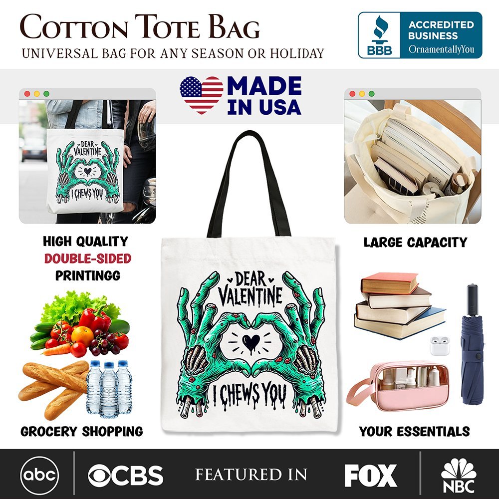 Zombie Valentine Hands I Chews You Canvas Tote Bag, Funny Bag for Horror Spring Season