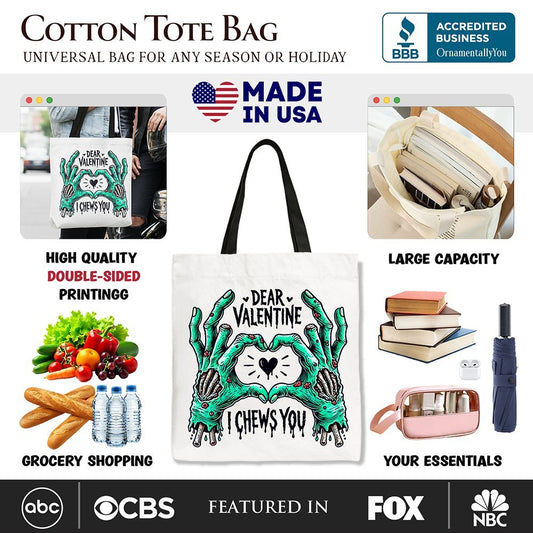 Zombie Valentine Hands I Chews You Canvas Tote Bag, Funny Bag for Horror Spring Season