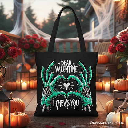 Zombie Valentine Hands I Chews You Canvas Tote Bag, Funny Bag for Horror Spring Season