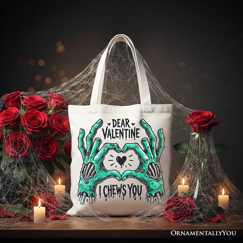 Zombie Valentine Hands I Chews You Canvas Tote Bag, Funny Bag for Horror Spring Season
