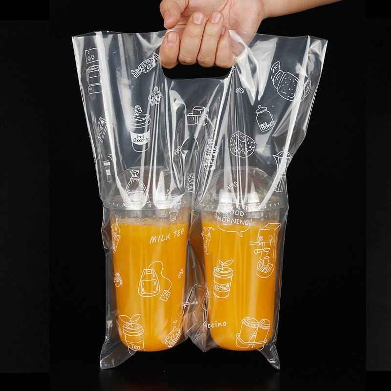 100-Pack Drink Carrier Bags – Clear Plastic 2-Cup Bag with Handle