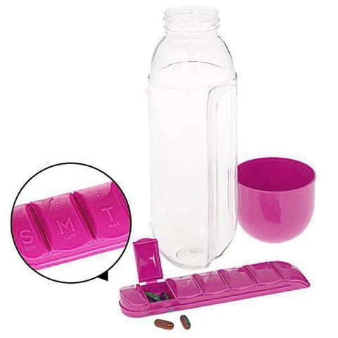 2-in-1 Pill Box Organizer Water Bottle, Drinking Bottle with Built in Pill Box