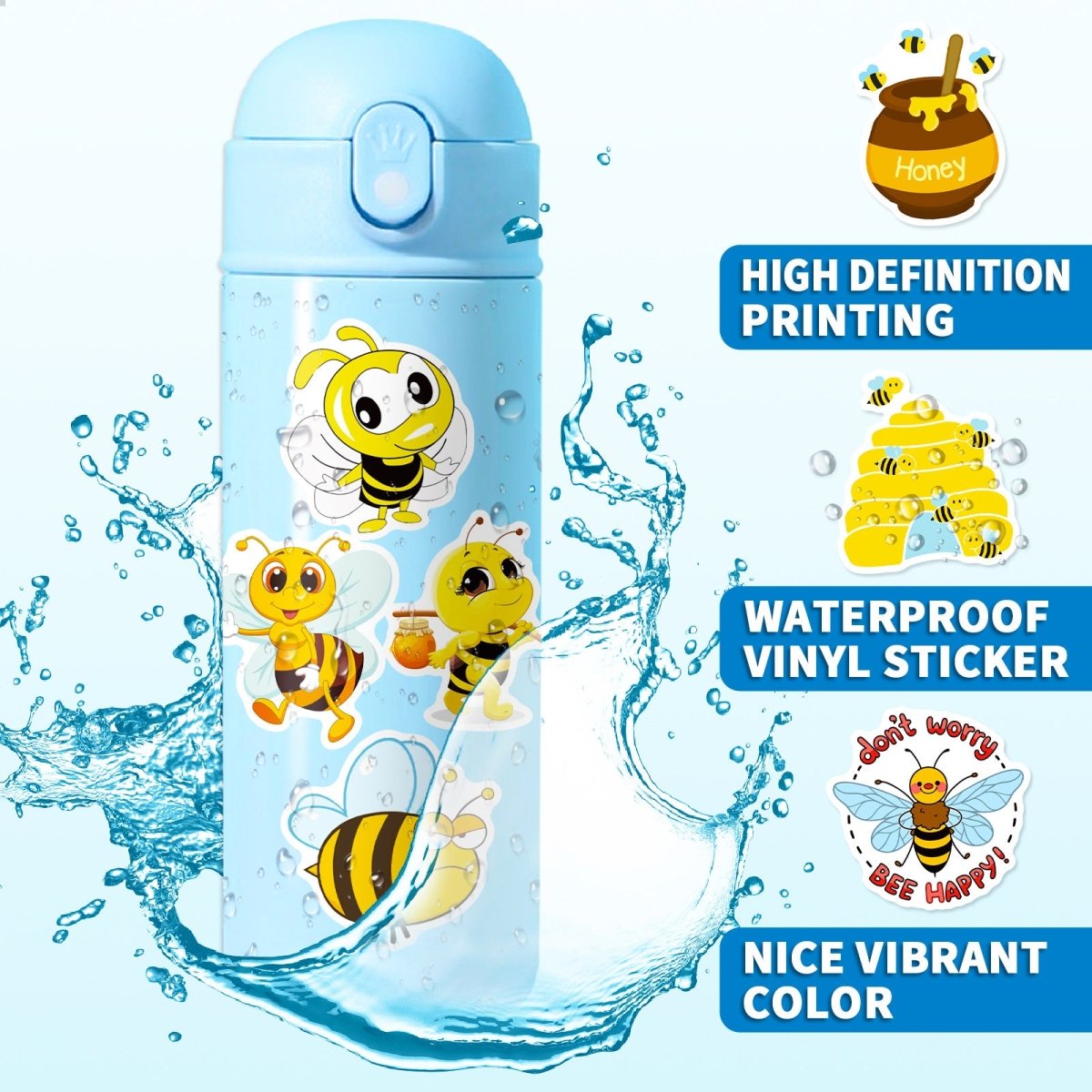 (50 pcs) Bee Stickers Honey Bee Waterproof Vinyl Stickers for Laptop Water Bottle Phone Case Scrapbooking Party Bag Fillers