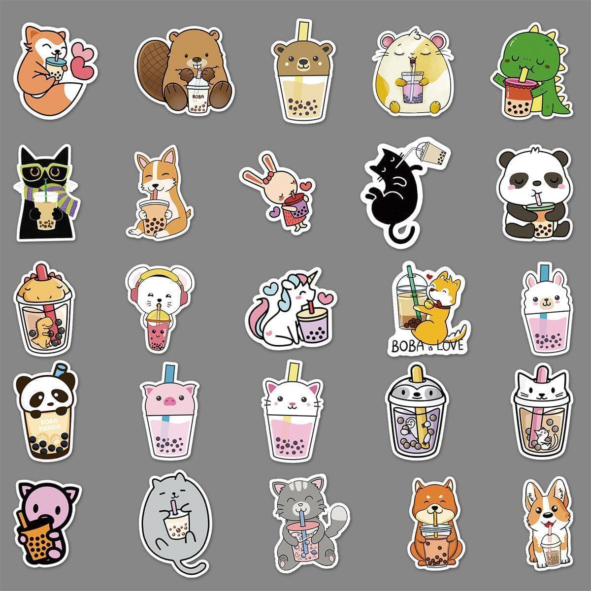 Boba Stickers 50 pcs Waterproof Animal Theme Stickers