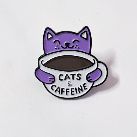 Cat Pin a Purple Cat with a Cup of Coffee