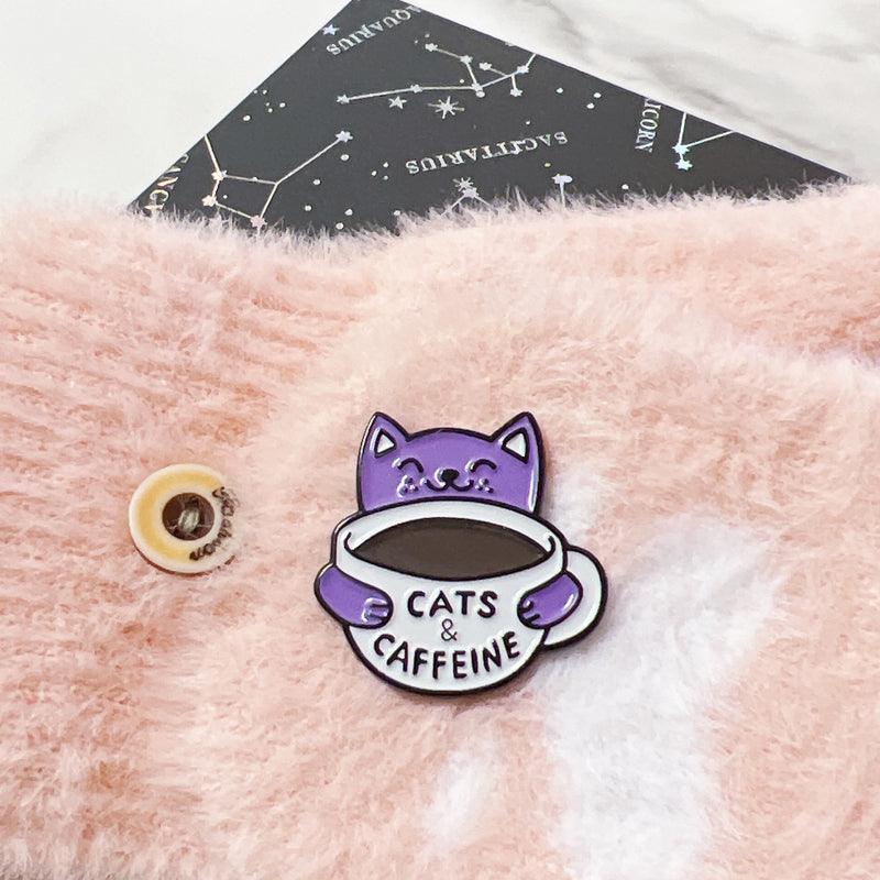 Cat Pin a Purple Cat with a Cup of Coffee