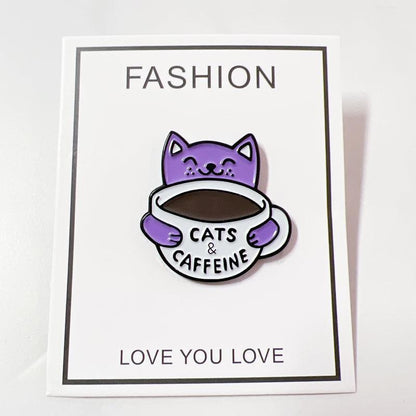 Cat Pin a Purple Cat with a Cup of Coffee