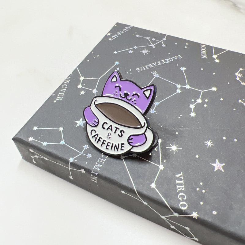 Cat Pin a Purple Cat with a Cup of Coffee