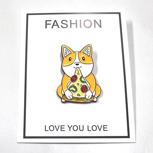 Corgi Dog Enamel Pin Eating Pizza