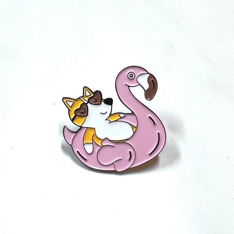 Corgi Dog Enamel Pin with Flamingo Lifebuoy