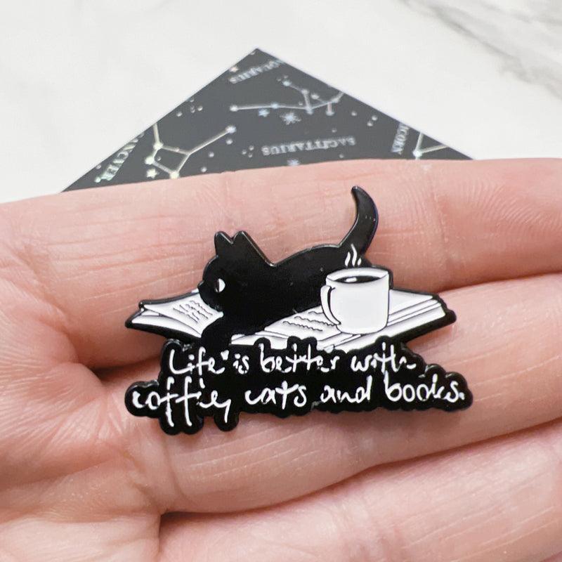 Life is Better with Coffee Cats and Books Enamel Pin