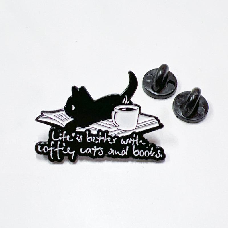 Life is Better with Coffee Cats and Books Enamel Pin