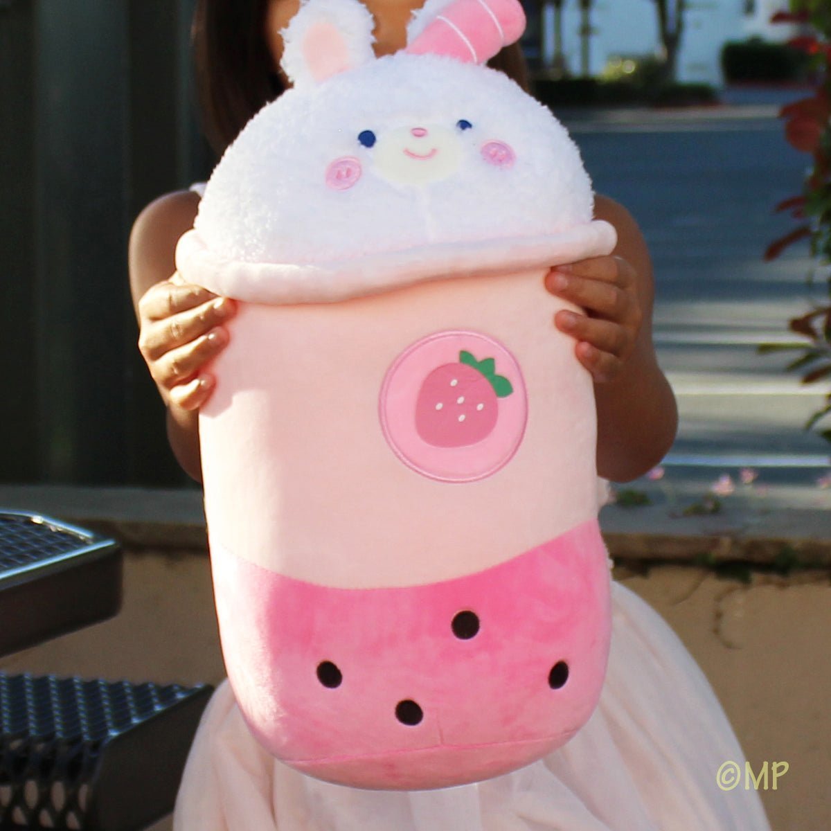 Strawberry Pink Bunny Boba Pillow Plush