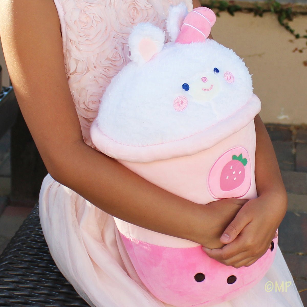 Strawberry Pink Bunny Boba Pillow Plush