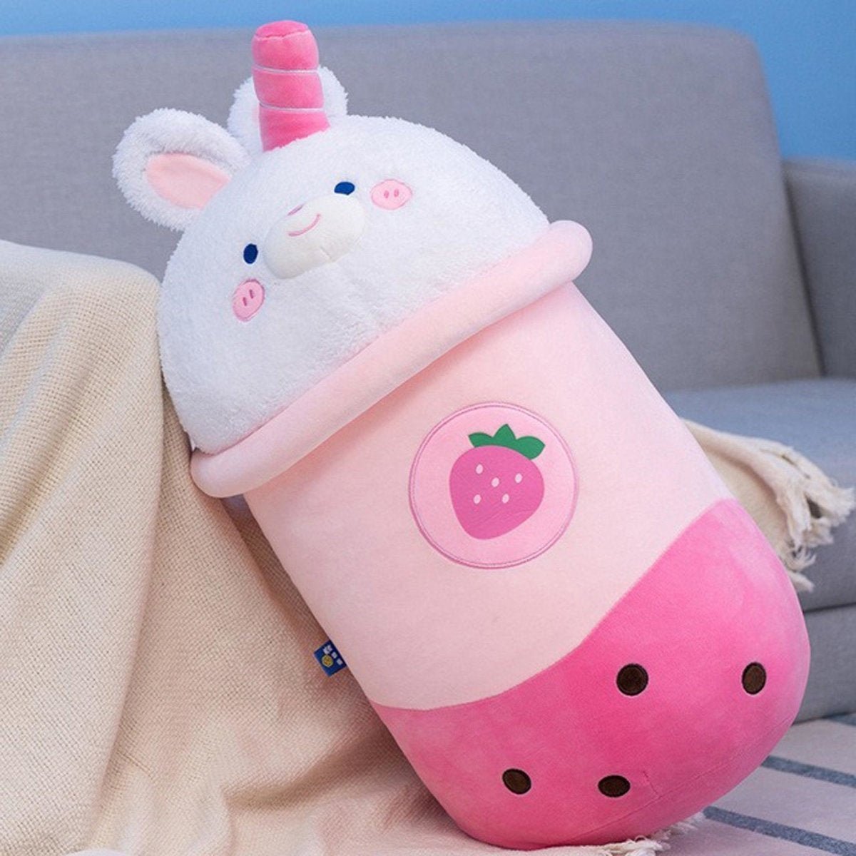 Strawberry Pink Bunny Boba Pillow Plush