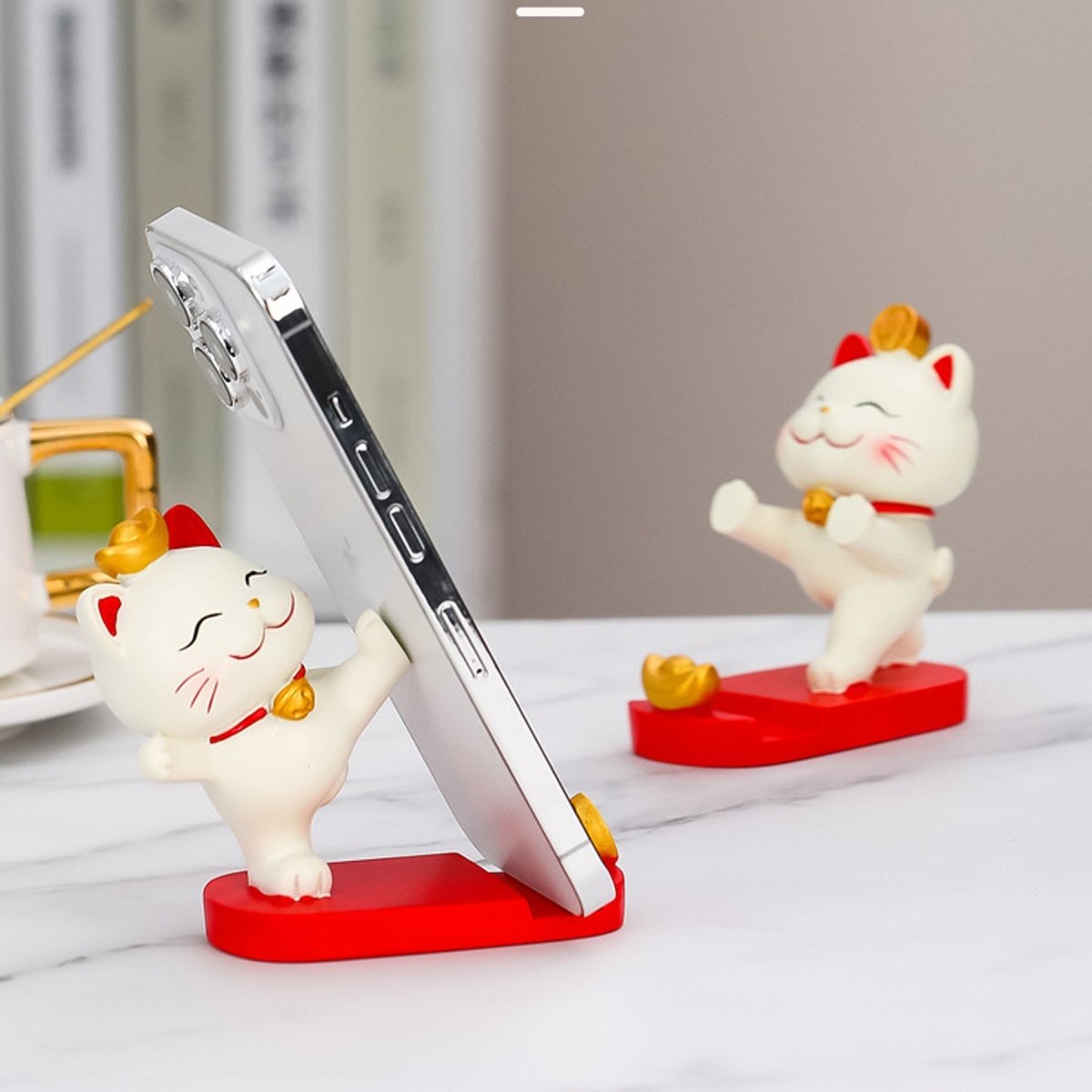 Cute Fortune Lucky Cat Mobile Phone Stand Holder Japanese Maneki Neko Figure