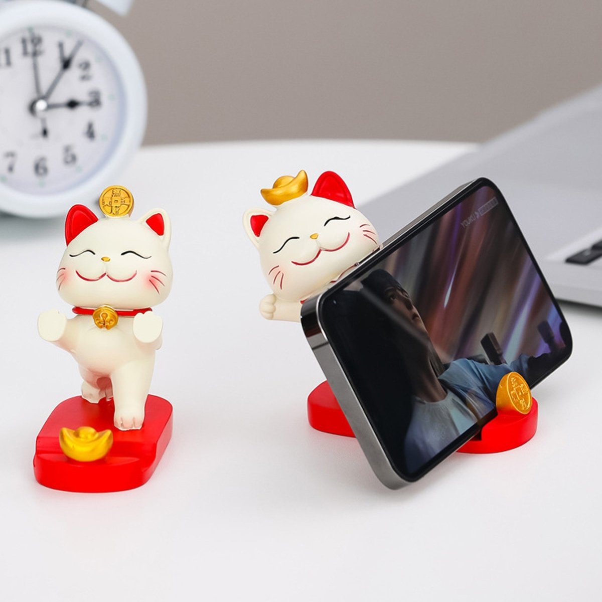 Cute Fortune Lucky Cat Mobile Phone Stand Holder Japanese Maneki Neko Figure