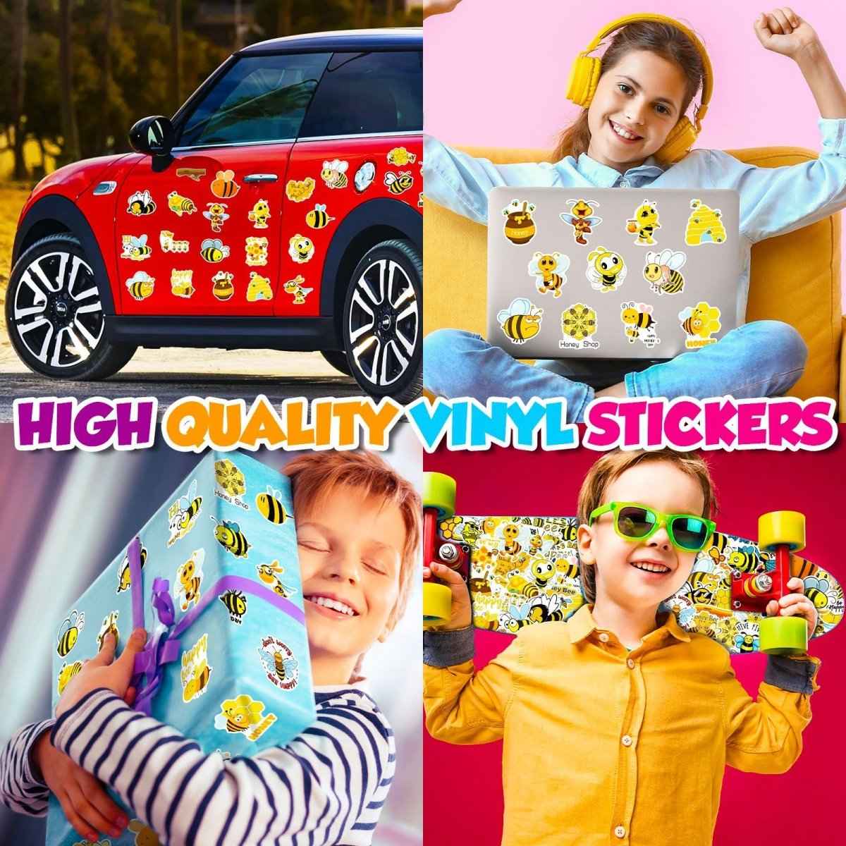 Honey Bee Vinyl Stickers – 50 Waterproof, Non-Duplicate Set