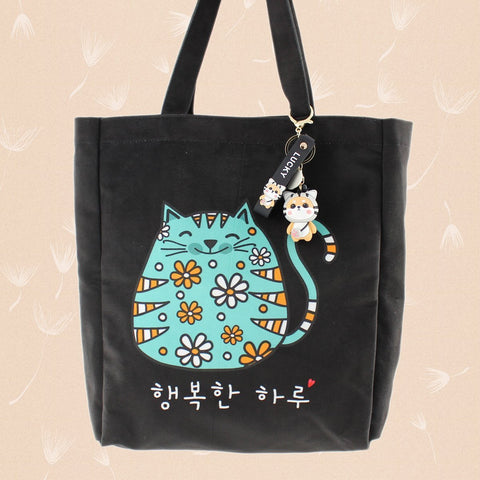 Korean KPOP Tote Bag Cartoon Cat Women Bag with a Shiba Inu Keychain