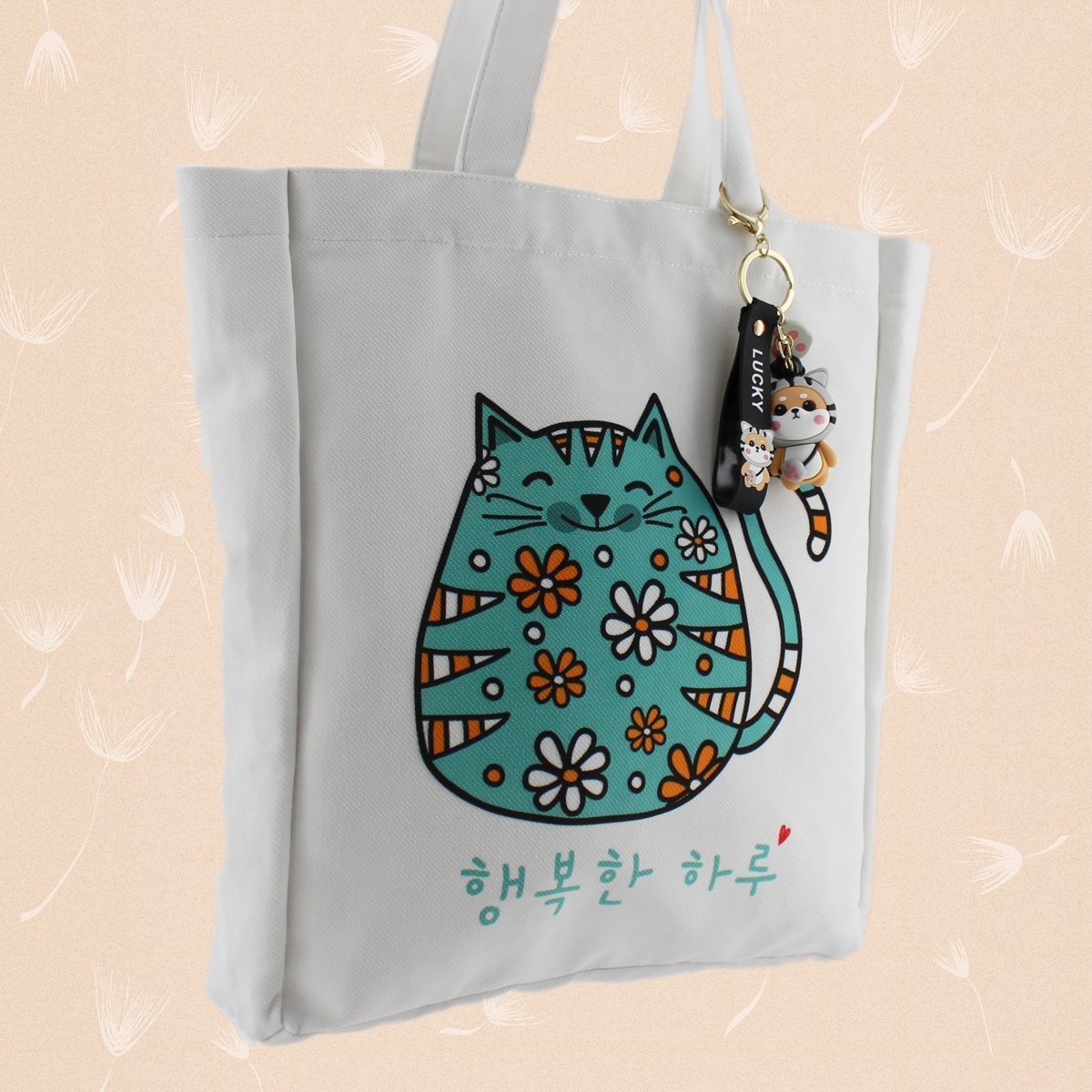 Korean KPOP Tote Bag Cartoon Cat Women Bag with a Shiba Inu Keychain