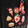 Large Black Korean Tote Bag Ice Cream Dessert Kpop with Red Strawberry Shiba Keychain