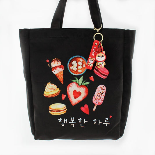 Large Black Korean Tote Bag Ice Cream Dessert Kpop with Red Strawberry Shiba Keychain