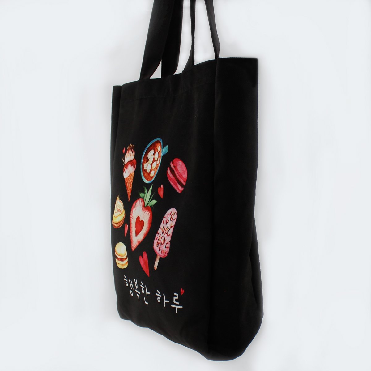 Large Black Korean Tote Bag Ice Cream Dessert Kpop with Red Strawberry Shiba Keychain