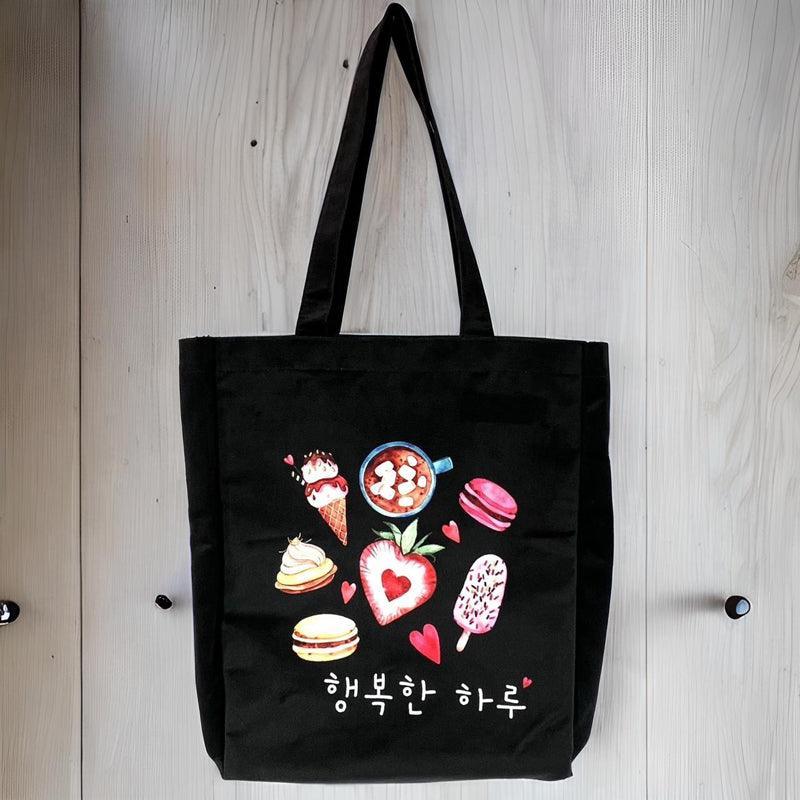 Large Black Korean Tote Bag Ice Cream Dessert Kpop with Red Strawberry Shiba Keychain