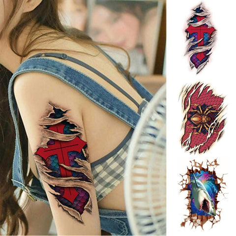 Temporary Tattoo, Red Cross, Spider, 3D Shark Body Tattoos, for Arms, Back, Legs Half Sleeve Waterproof