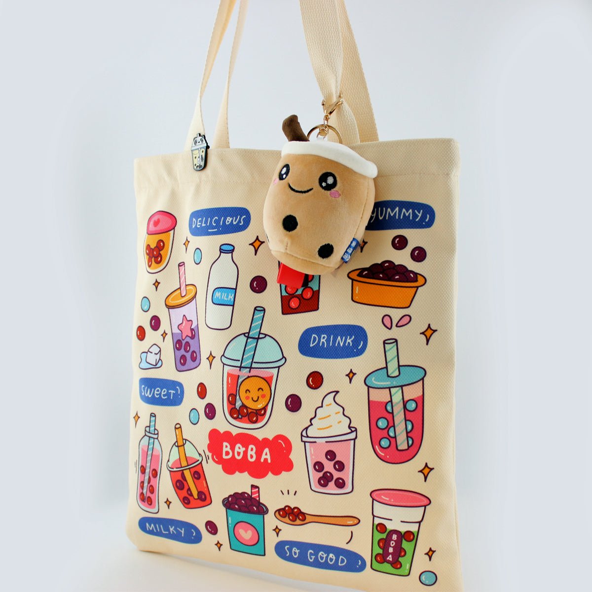 Women Tote Bag, Boba Lovers Two Side Printed Flannel Bag, Bubble Tea Tote Bag