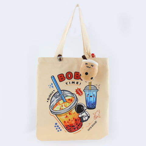 Women Tote Bag, Boba Lovers Two Side Printed Flannel Bag, Bubble Tea Tote Bag