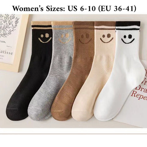 Women's 5 Pairs Cute Smiley Face Print Crew Socks, Comfy Breathable Daily All Season Socks