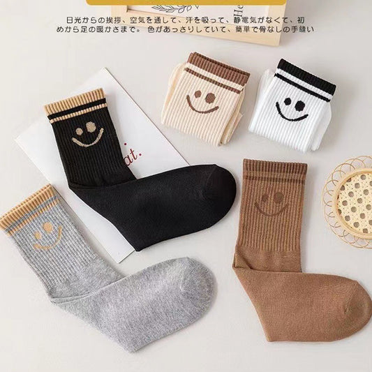 Women's 5 Pairs Cute Smiley Face Print Crew Socks, Comfy Breathable Daily All Season Socks