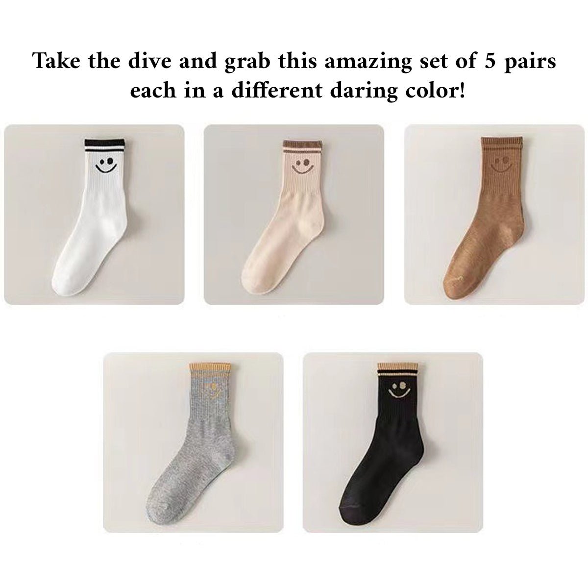 Women's 5 Pairs Cute Smiley Face Print Crew Socks, Comfy Breathable Daily All Season Socks